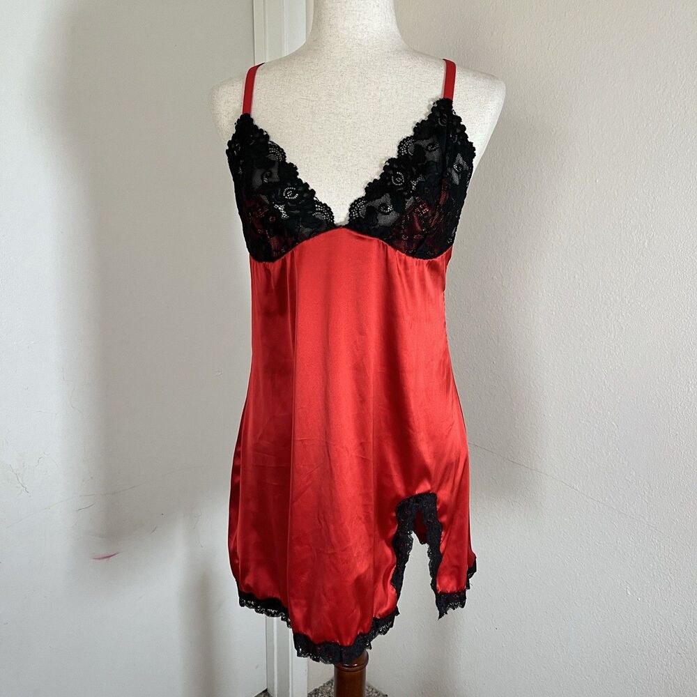Y2K Black Lace Heart Red Lingerie Dress Slip Chemise Large Sz 14-18